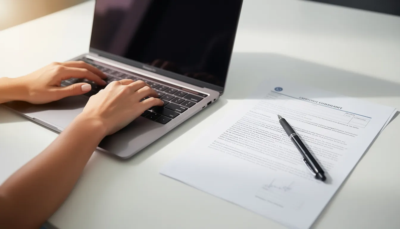 Na zdjęciu widać ręce piszące na klawiaturze laptopa, obok których leżą oficjalne dokumenty związane z zawiadomieniem zaw fa oraz formularzami do złożenia w właściwym urzędzie skarbowym. Dokumenty mogą dotyczyć korzystania z krajowego systemu e-faktur oraz nadania uprawnień do korzystania z kwalifikowanego podpisu elektronicznego.