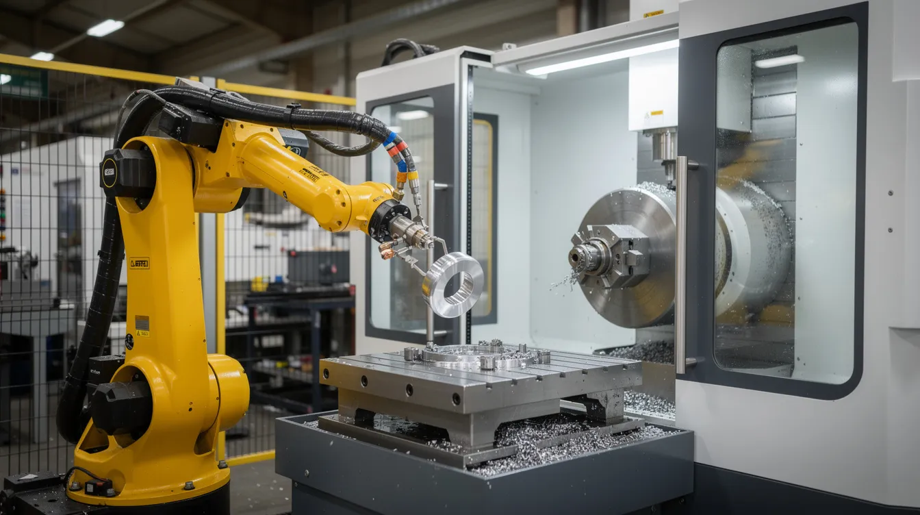 The image depicts a modern automated CNC cell featuring a robotic arm that is loading a metal part onto a fixture plate of a five-axis machining center, showcasing advanced CNC machining operations. The setup demonstrates the integration of high precision and efficiency in the machining process, emphasizing the role of fixture design in securely holding various workpiece shapes during production.