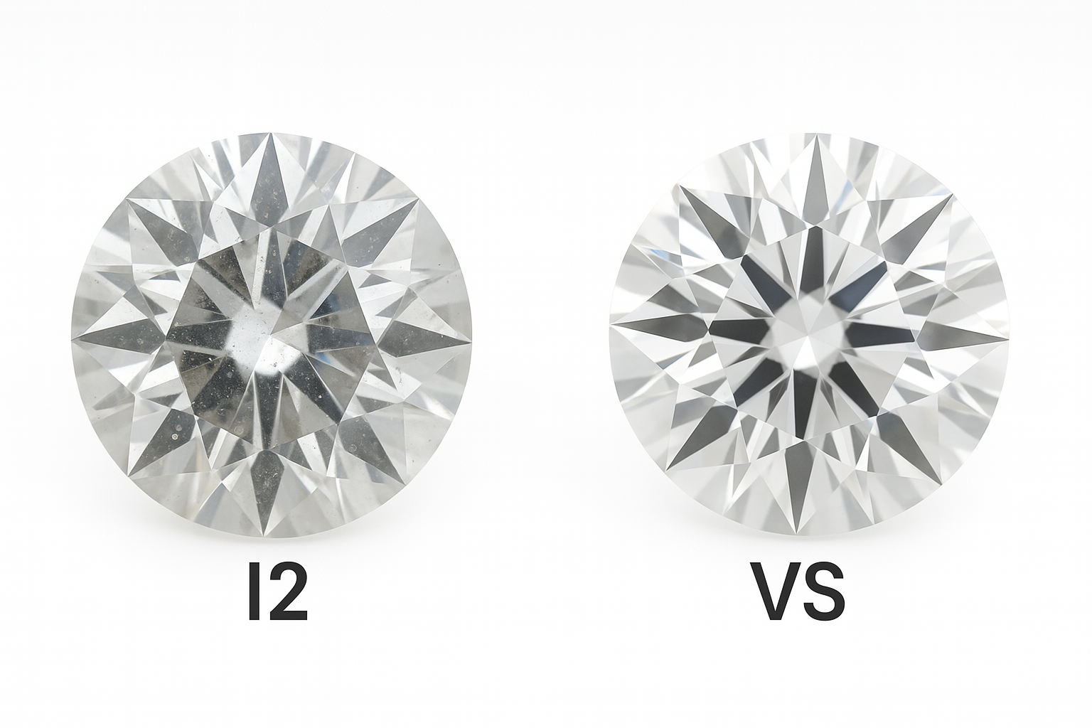 Palyginimas kairėje I2 švarumo briliantas su aiškiais inkliuzais, dešinėje VS briliantas beveik be matomų inkliuzų