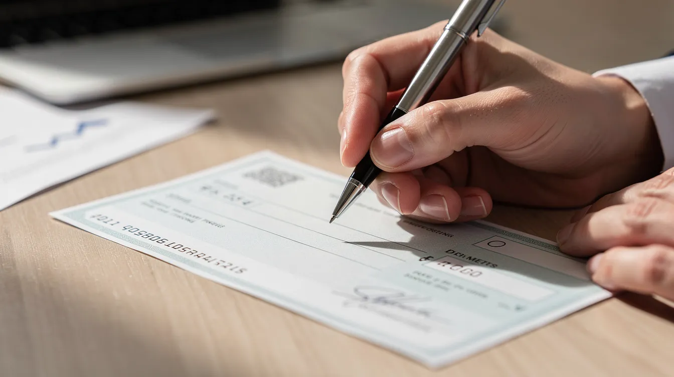 A close-up image shows hands holding a pen, writing on a paper cheque, with key details like the payee's account and cheque amount being carefully noted. The cheque features pre-printed numbers in the top left corner, indicating the account information and cheque number for accurate financial transactions.