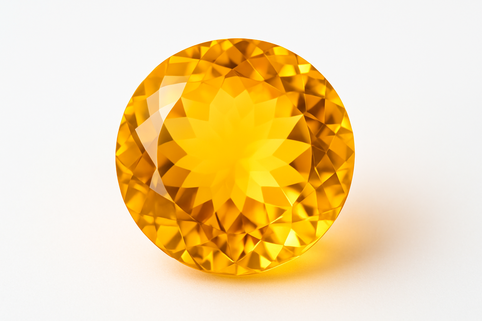 Apvalaus šlifo citrinas ant balto fono. Akmuo spindi ryškiai geltona ir šviesiai oranžine spalva, šiltas apšvietimas pabrėžia saulėtą akmens energiją ir jo skaidrumą