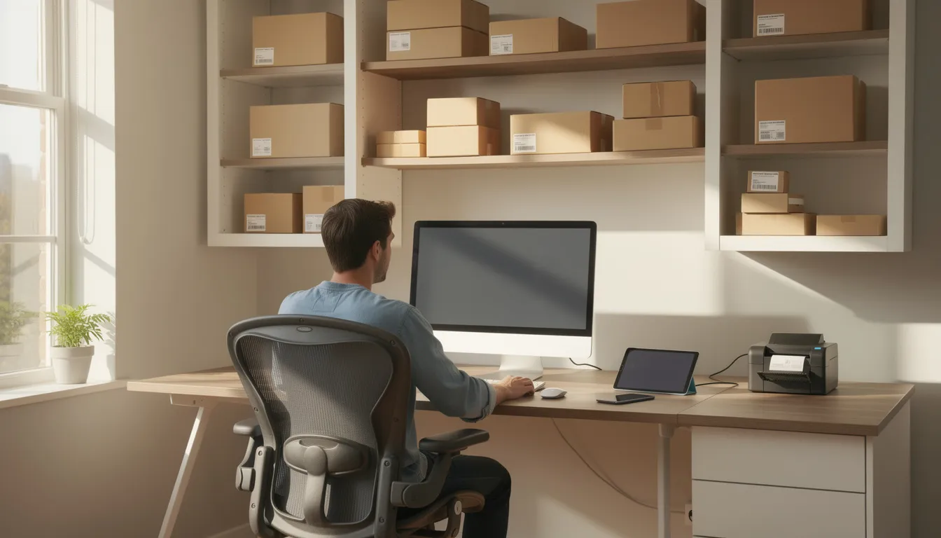 A photo-realistic image depicts an e-commerce business owner working at a computer in a sleek, professional home office filled with shelves of brown shipping boxes, symbolizing physical products ready for delivery. The natural lighting enhances the atmosphere of trust and transparency, reflecting the innovative and technology-forward nature of a e-commerce store, reflecting an increas in monthly sales on the e-commerce platform