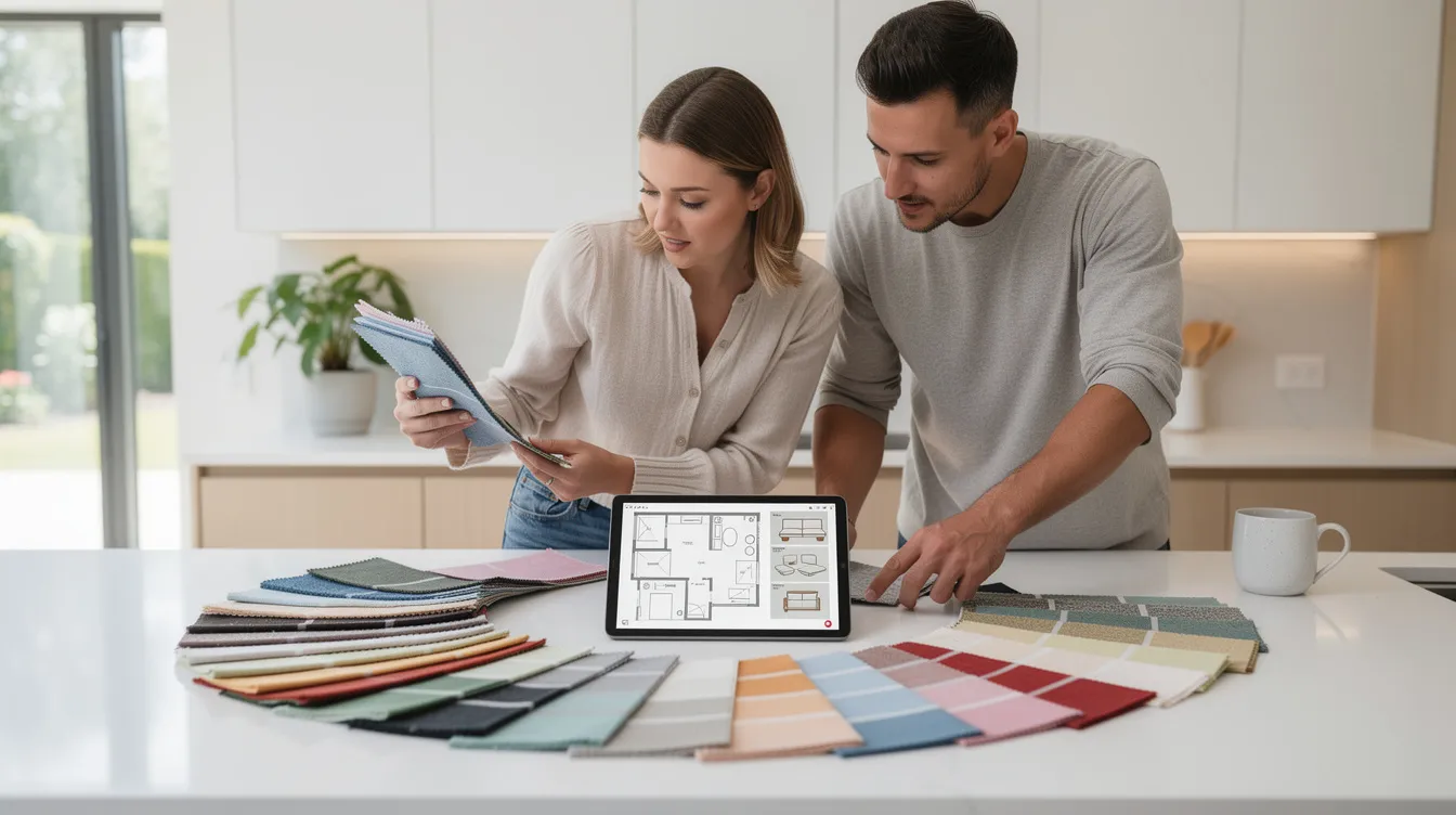 A couple is seated at a kitchen island, reviewing various fabric samples while a tablet displays different room layouts for their interior design project. The scene captures their collaboration as they discuss ideas and seek inspiration for their new space.