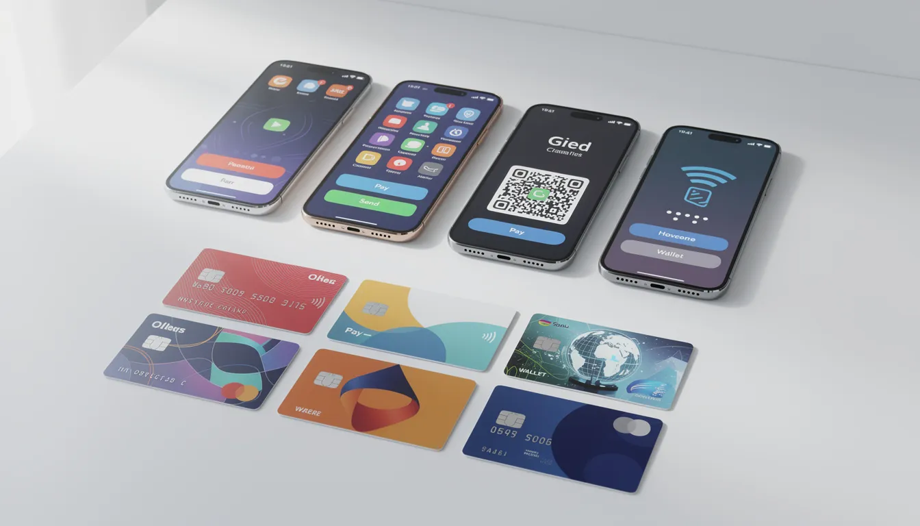 The image features multiple credit cards alongside various mobile devices that display different payment apps, showcasing a range of payment methods including Google Pay, PayPal, and Apple Pay. This visual emphasizes the importance of selecting the right payment gateway for ecommerce businesses to accept payments securely and efficiently.