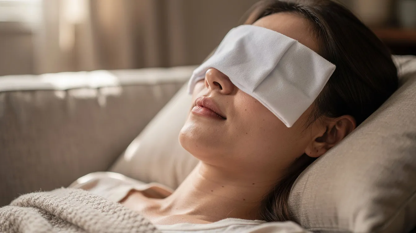 A person is resting comfortably with a cool compress placed over their closed eyes, likely to soothe discomfort and reduce swelling after eyelid surgery. This gentle care can help address concerns like droopy eyelids and under eye bags during the recovery process.