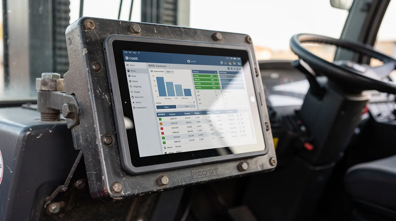 ·A rugged Windows tablet PC is securely mounted in a heavy-duty vehicle docking station within a forklift cabin, displaying a Windows WMS dashboard. The scene captures realistic vehicle interior textures with natural lighting enhancing the screen visibility, ensuring it's sunlight readable and optimized for outdoor environments.