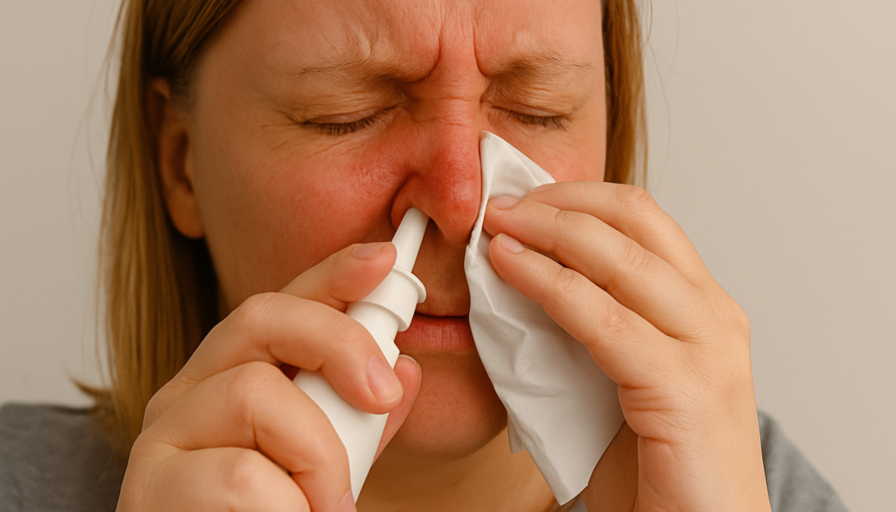 Kvinne bruker nesespray og holder et papir mot nesen for å lindre tett nese.