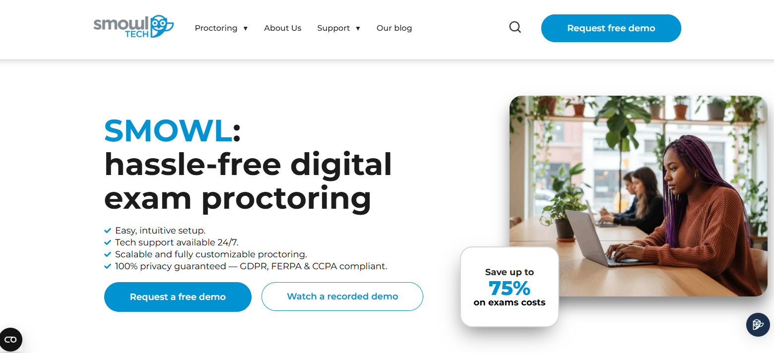 SMOWL digital exam proctoring platform providing privacy-focused online assessment monitoring, customizable security controls, and scalable remote testing as a Respondus alternative.