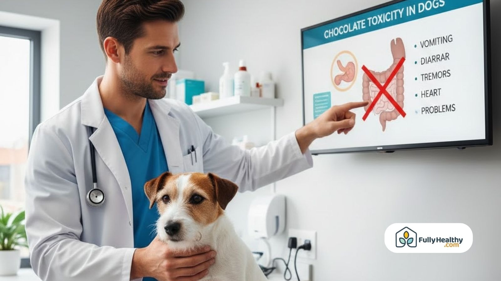 Veterinarian showing chocolate toxicity symptoms with dog in clinic