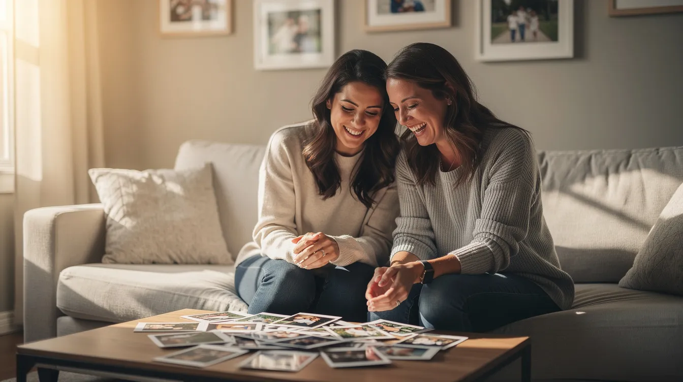 A mother and her adult daughter are joyfully laughing together while looking at cherished photographs, creating a sentimental moment filled with memories. This heartwarming scene captures the essence of love and appreciation, making it the perfect backdrop for personalised mum gifts or thoughtful Mother's Day gifts.