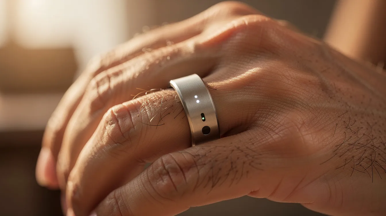 A close-up image of a smart ring resting on a person&rsquo;s finger, illuminated by soft morning light, showcasing its sleek design and advanced sensors for sleep tracking. This wearable device is designed to monitor sleep patterns and collect accurate data on sleep quality, contributing to better sleep and overall health.