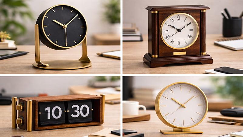 Designer desk clocks in modern and classic styles, elegant office gifts for executive clients and workspaces.
