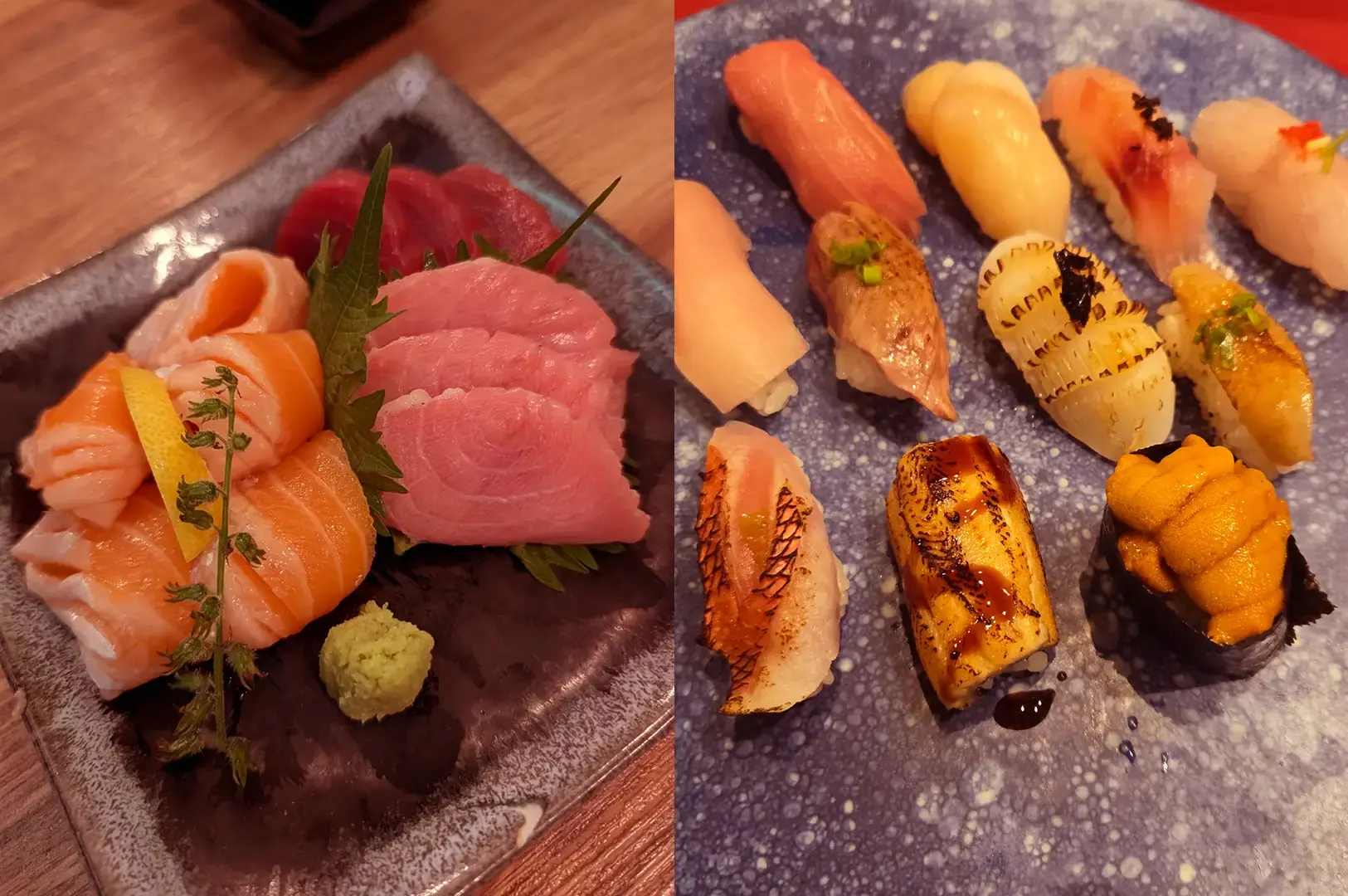 Split image showing a sashimi platter with salmon and tuna on the left and assorted sushi, including salmon, scallop, eel, and sea urchin, on the right.