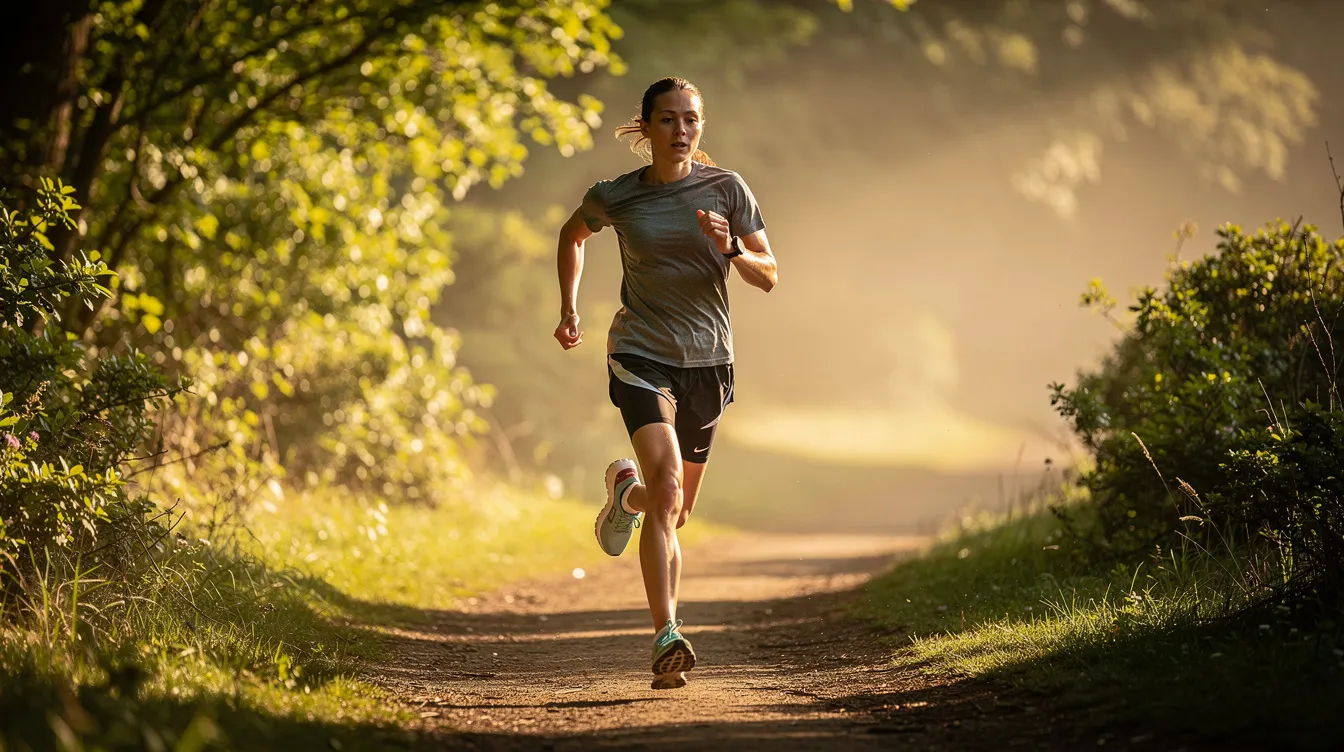 A person is running outdoors on a scenic trail bathed in morning sunlight, embodying an active lifestyle that promotes cardiovascular health and healthy aging. This image reflects the importance of exercise in maintaining muscle mass and improving insulin sensitivity, aligning with principles discussed in longevity research by experts like David Sinclair.