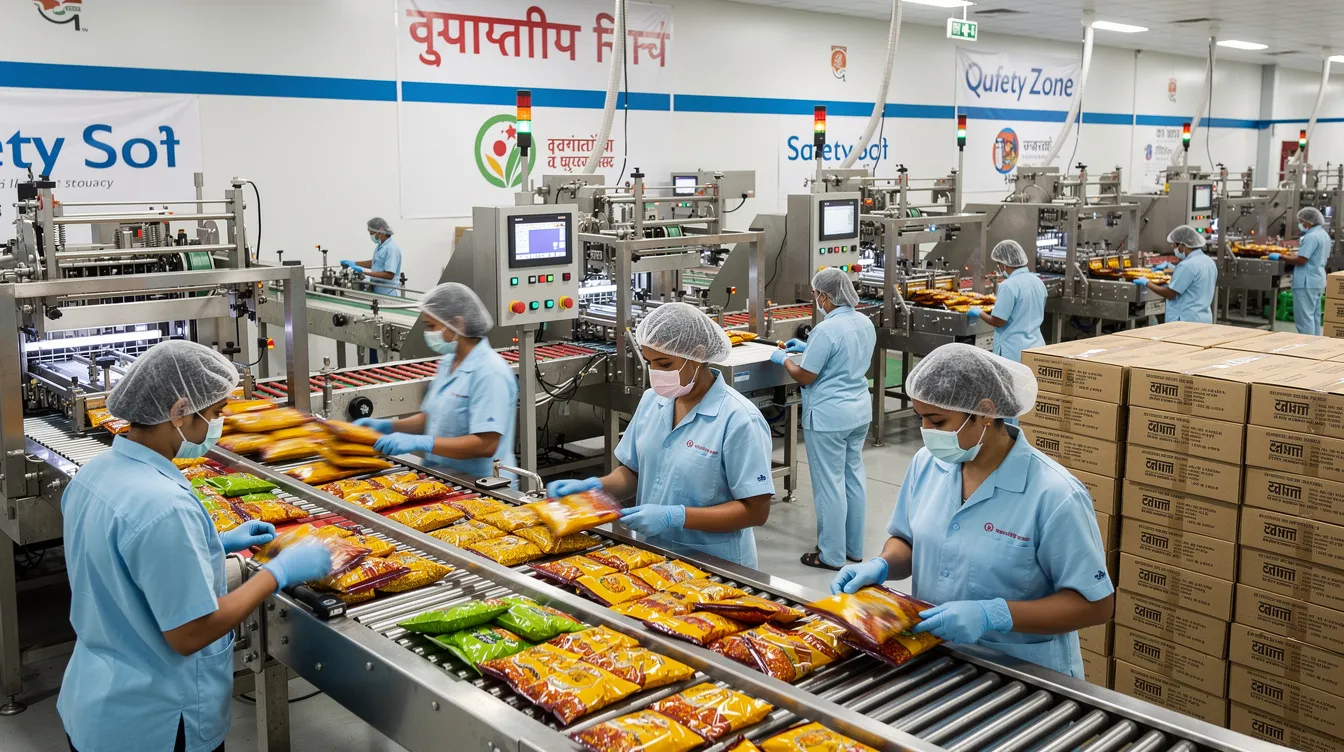The image depicts a bustling Indian food packaging facility, where numerous workers are actively engaged in packaging products alongside advanced machinery. This scene highlights the growing demand for food packaging services in urban areas like Lucknow, showcasing a vibrant environment that supports small businesses and entrepreneurs in the food industry.