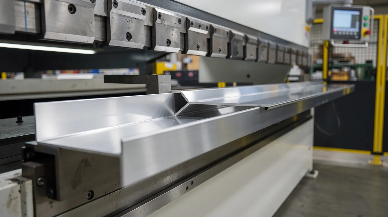 The image shows a CNC press brake equipped with segmented offset tooling, forming a joggle bend in a long aluminum panel, which is a common process in sheet metal fabrication. This technique creates a flush surface at the joining edges, ensuring a secure fit for structural applications.