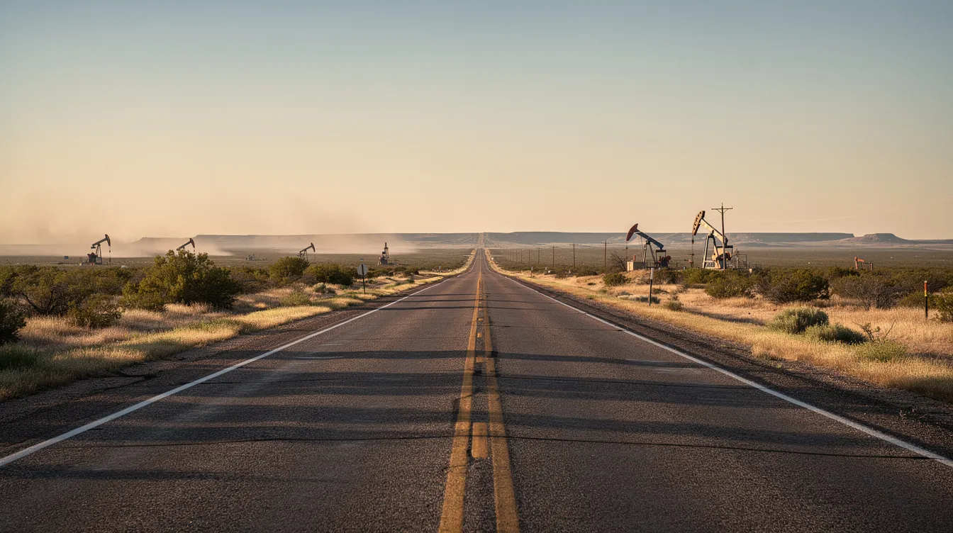 A wide rural highway in West Texas stretches into the distance, flanked by oil pump jacks, with an empty two-lane road leading toward the horizon. This scene reflects the oil and gas industry in the region, where truck accidents can occur due to heavy truck traffic and driver negligence.