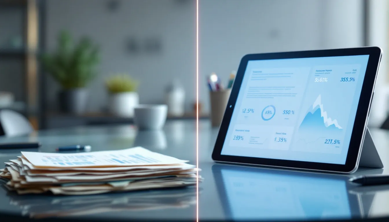 Ein Vergleich zwischen Papierdokumenten und digitalen Medien auf einem iPad, um die Reduzierung des Papierverbrauchs zu verdeutlichen.