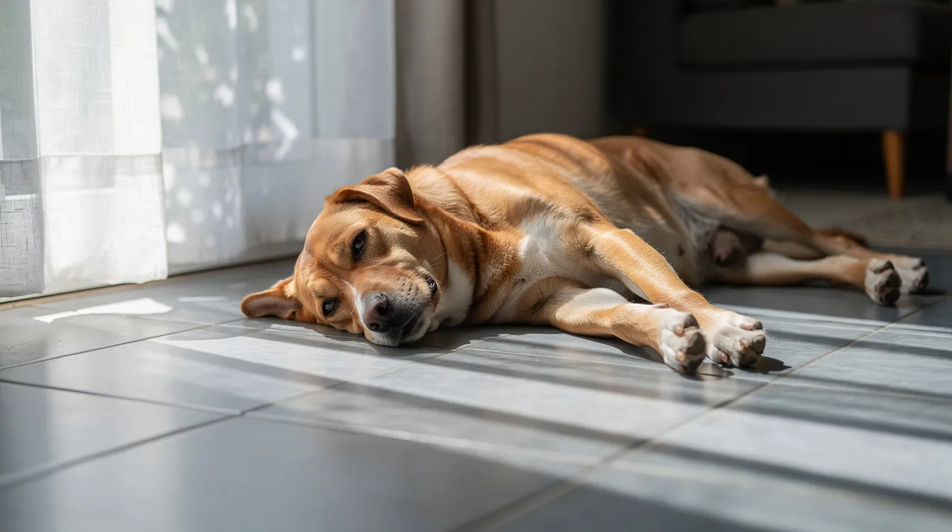 A dog is lying comfortably on a cool tile floor in a shaded area near a window, enjoying the relief from the hot weather. This scene highlights the importance of providing a cool place for furry friends during summer months to prevent heat stroke and ensure their well-being.
