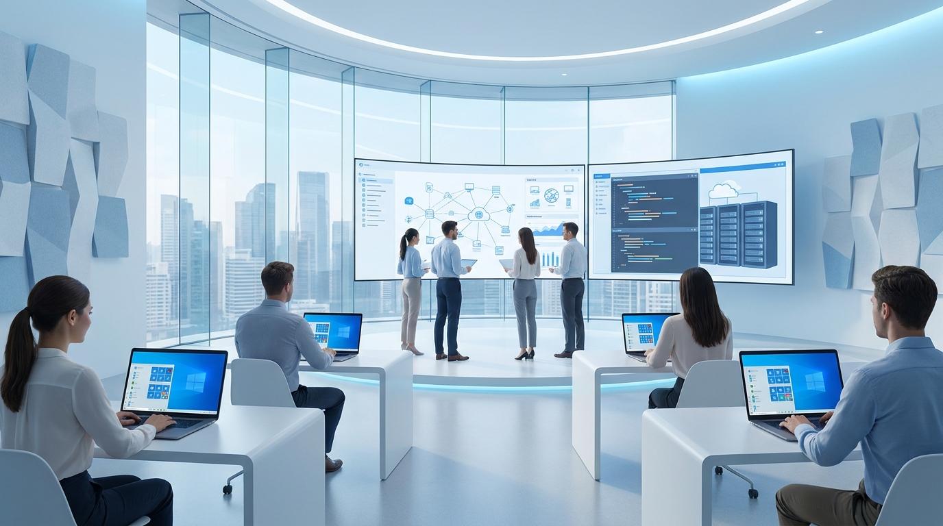 Modern cloud computing environment with learners accessing virtual desktops from laptops while technical users interact with simulated software environments and virtual machines.