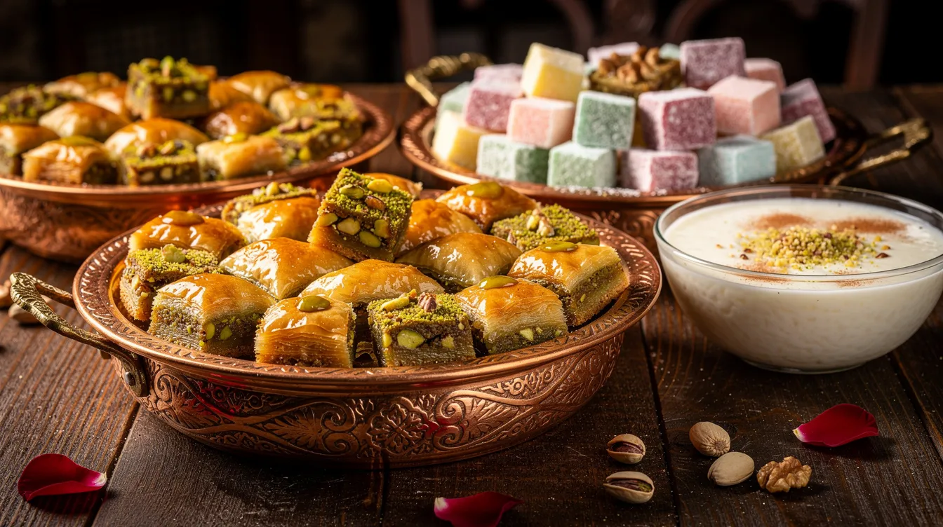 The image showcases a vibrant assortment of traditional Turkish desserts, including golden-brown baklava layered with phyllo dough and sprinkled with chopped nuts, colorful lokum (Turkish delight), and creamy rice pudding, all elegantly arranged on ornate copper serving trays. This delightful display reflects the rich culinary traditions of Turkish cuisine and is sure to satisfy any sweet tooth.