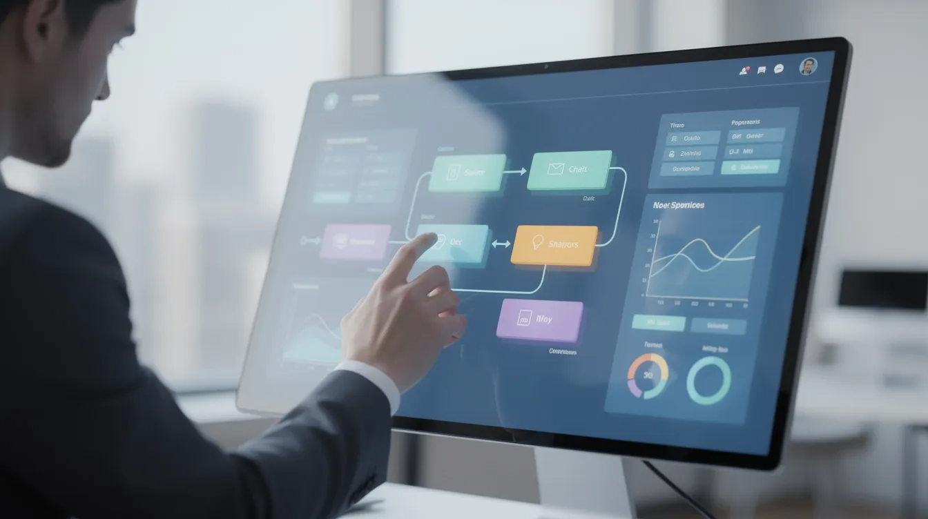 The image depicts a person skillfully arranging connected blocks on a digital dashboard, representing the intuitive process of building custom AI agents. This visual workflow builder showcases how users can create and manage multiple AI agents to automate complex workflows efficiently.