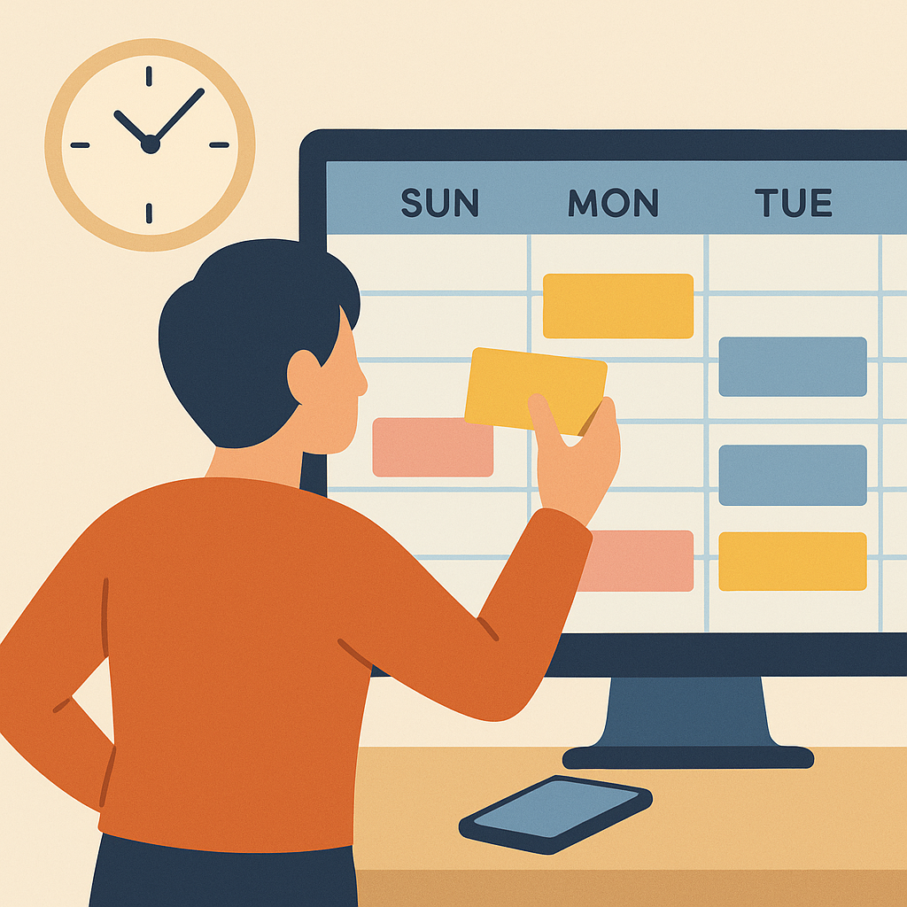 A person rearranges colored blocks on a digital calendar beside a clock, illustrating how to create time blocks and adjust your schedule for effective time management skills.