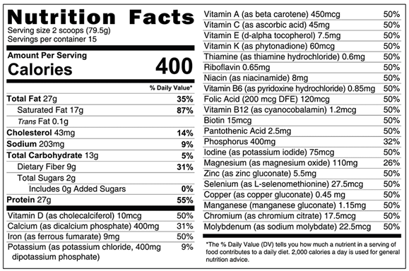 HLTH Code Complete Meal nutritional values