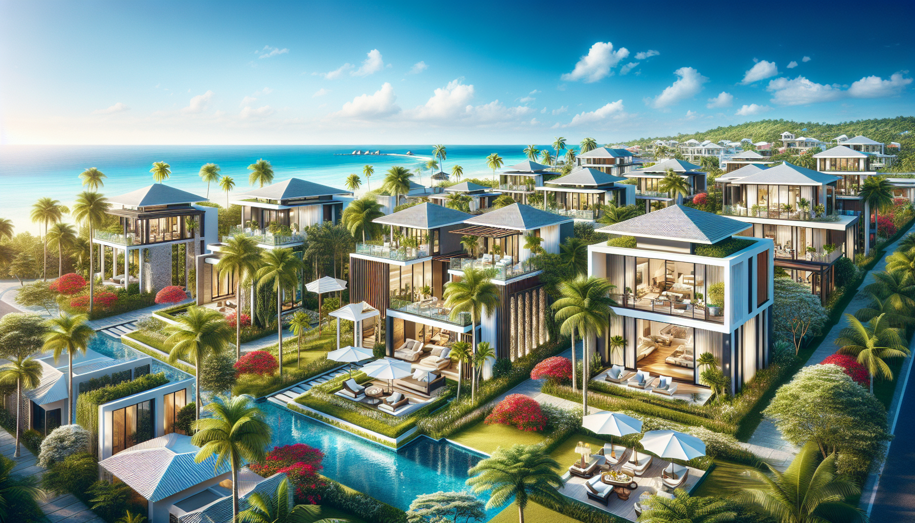 An artistic depiction of luxury villas and modern condos for sale in Playa del Carmen.