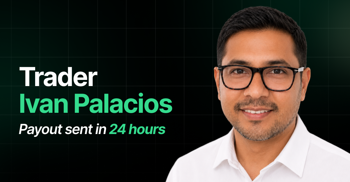 Funded Insight trader spotlight graphic on a dark green to black gradient background with a faint grid pattern. A cutout portrait of a smiling man with black-framed glasses, short dark hair, and a trimmed beard in a white collared shirt fills the right side of the frame. Text on the left reads "Trader" in white above "Ivan Palacios" in bold green, with a smaller italic line beneath reading "Payout sent in" in white and "24 hours" in green, highlighting the speed of the payout.