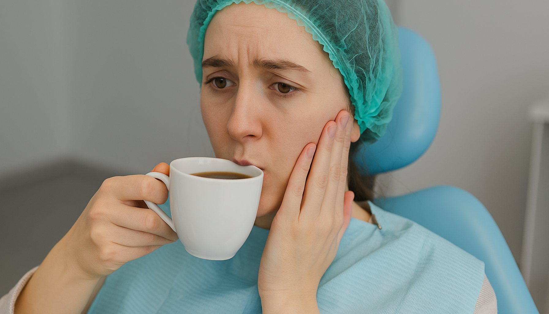 Kvinne med smertefullt uttrykk holder en kaffekopp mens hun sitter i tannlegestol og berører kinnet forsiktig med hånden.