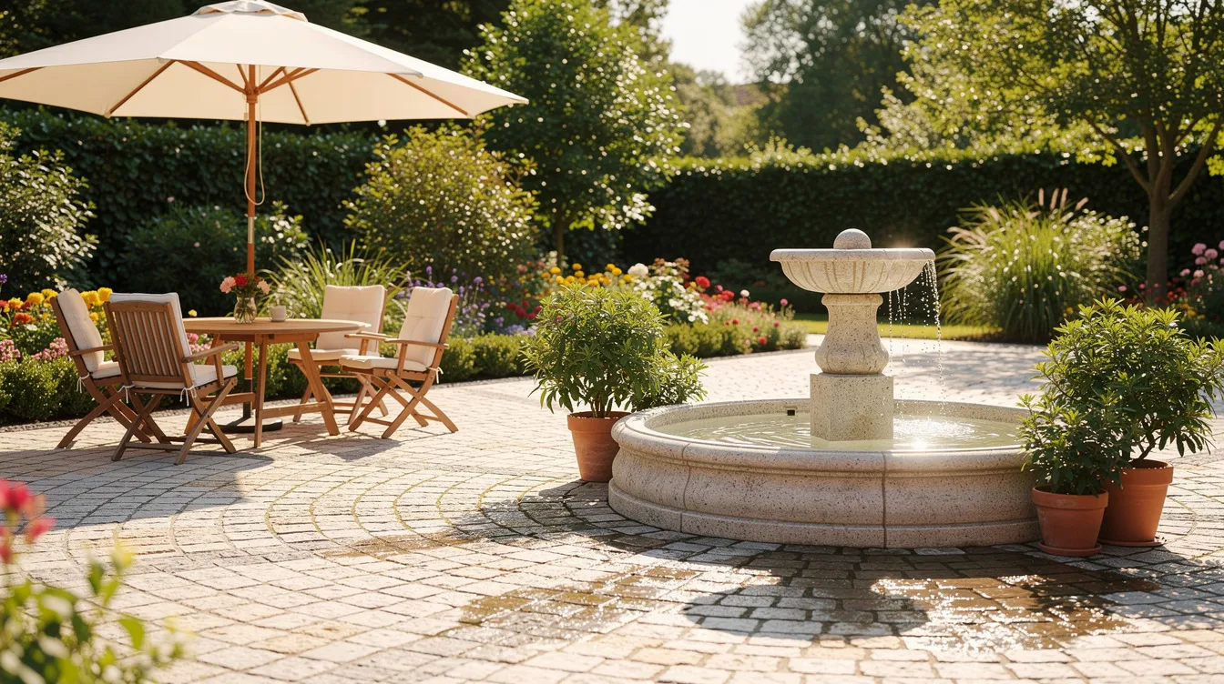 Auf der sonnigen Gartenterrasse sind Pflastersteine verlegt, und ein dekorativer solar springbrunnen plätschert sanft neben einem gemütlichen Sitzbereich. Umgeben von Pflanzen bietet dieser Gartenbrunnen eine entspannende Atmosphäre und ist ein Blickfang für die Gartendekoration.