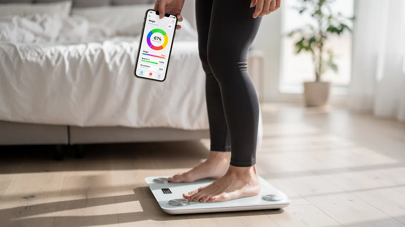 A person stands on a smart weighing scale, checking their body composition data, including body fat and muscle mass, on a smartphone app. The digital weighing machine features a sleek design with high precision sensors and an LED display, providing accurate measurements for their fitness journey.