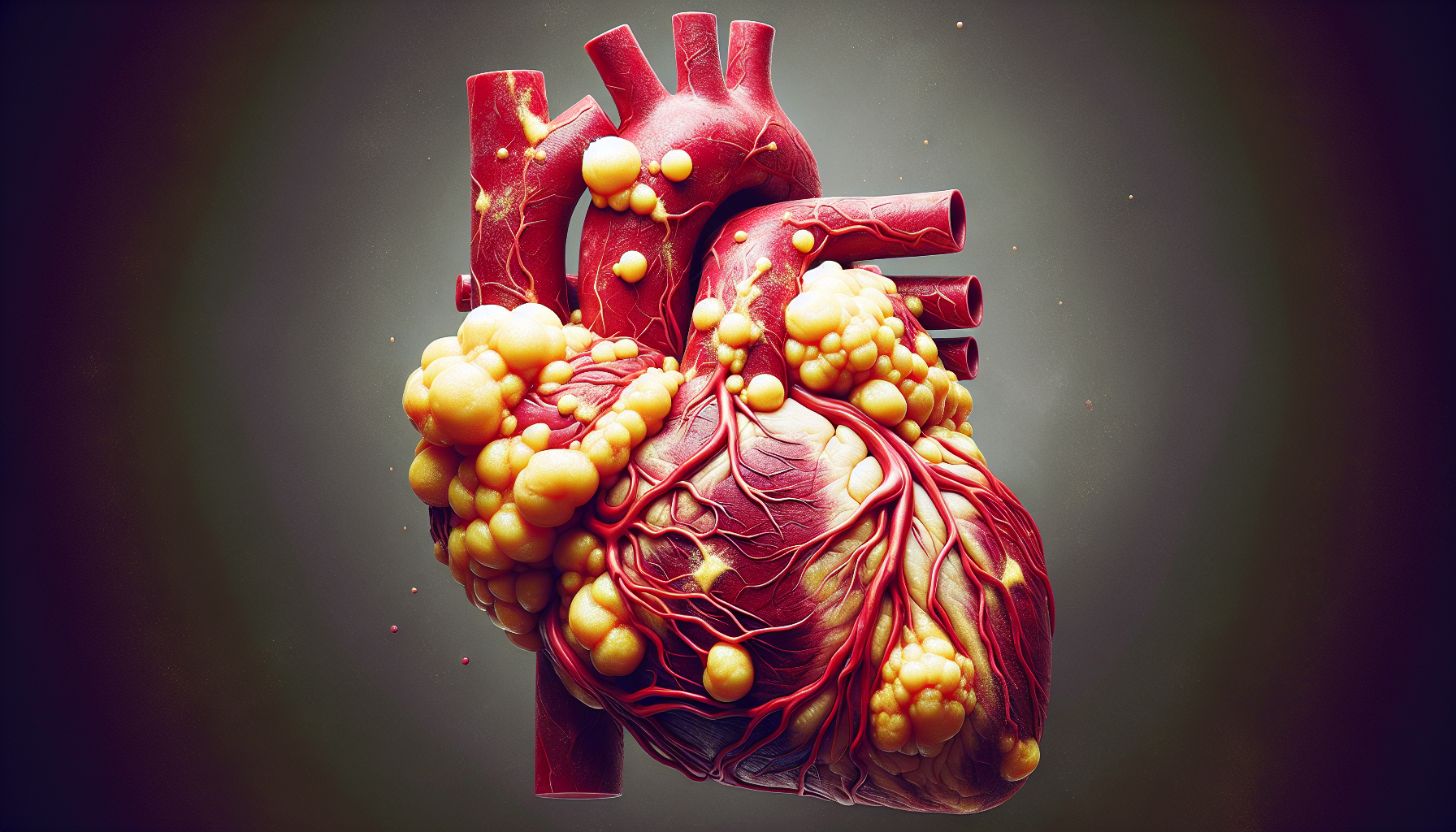 Artistic representation of a heart with arteries and fatty deposits