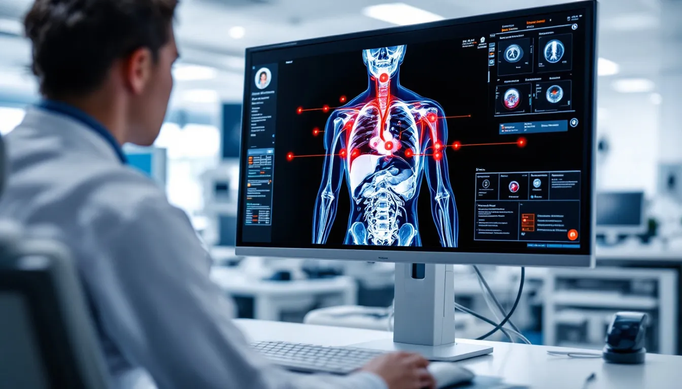 The image shows a medical imaging workstation that features AI-enhanced diagnostic analysis, with specific areas of concern highlighted for healthcare professionals. This setup utilizes healthcare data analytics to improve patient outcomes by analyzing patient data and identifying trends within clinical data.