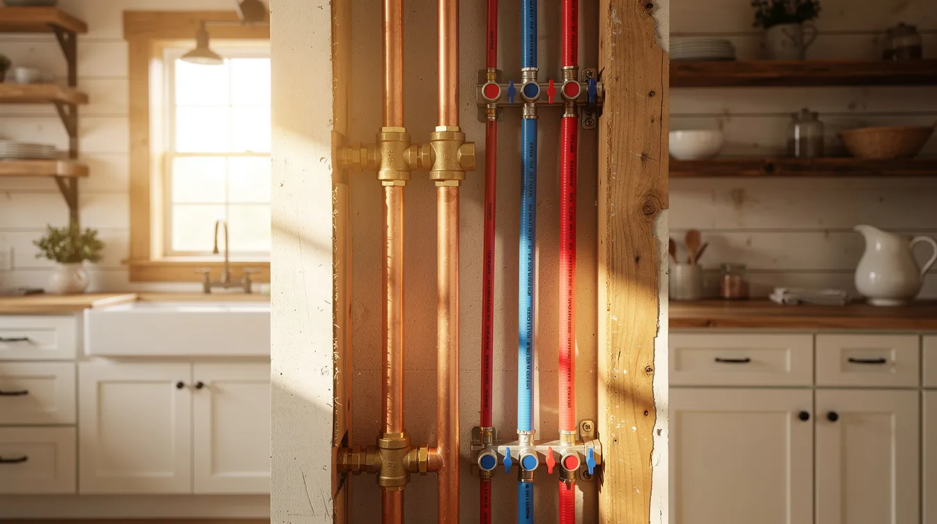 The image features a side-by-side comparison of PEX and copper plumbing pipes within a warm and inviting residential setting, emphasizing the importance of a reliable plumbing system. This visual showcases the vital role of different pipe types in a home's plumbing system, highlighting their efficiency and suitability for various plumbing repairs and installations.