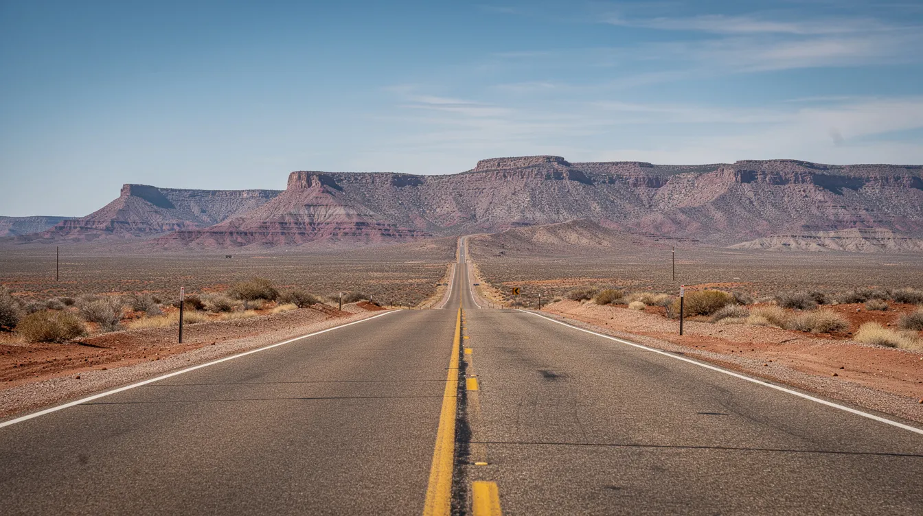 A long desert highway stretches through New Mexico, flanked by rugged mountains under a clear blue sky, symbolizing the journey of injury victims seeking fair compensation for their personal injury cases. This serene landscape contrasts with the challenges faced by those dealing with medical expenses and emotional trauma following a car accident.
