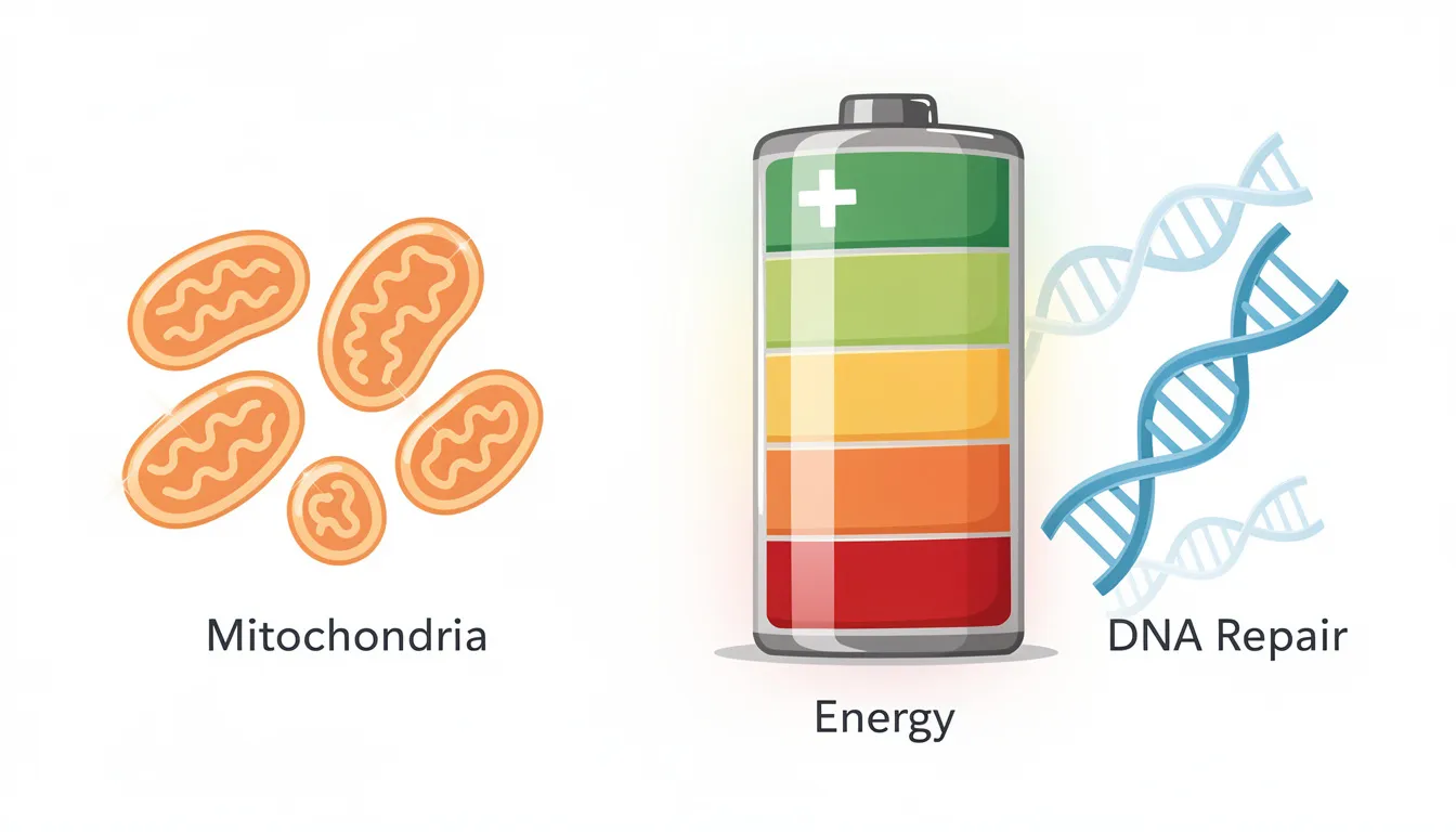 The image features a stylized battery gauge indicating energy levels, accompanied by simplified icons of mitochondria and DNA strands, symbolizing the critical roles of energy production and cellular repair in maintaining cellular health. This illustration highlights the importance of NAD levels and their impact on healthy aging and overall well-being.