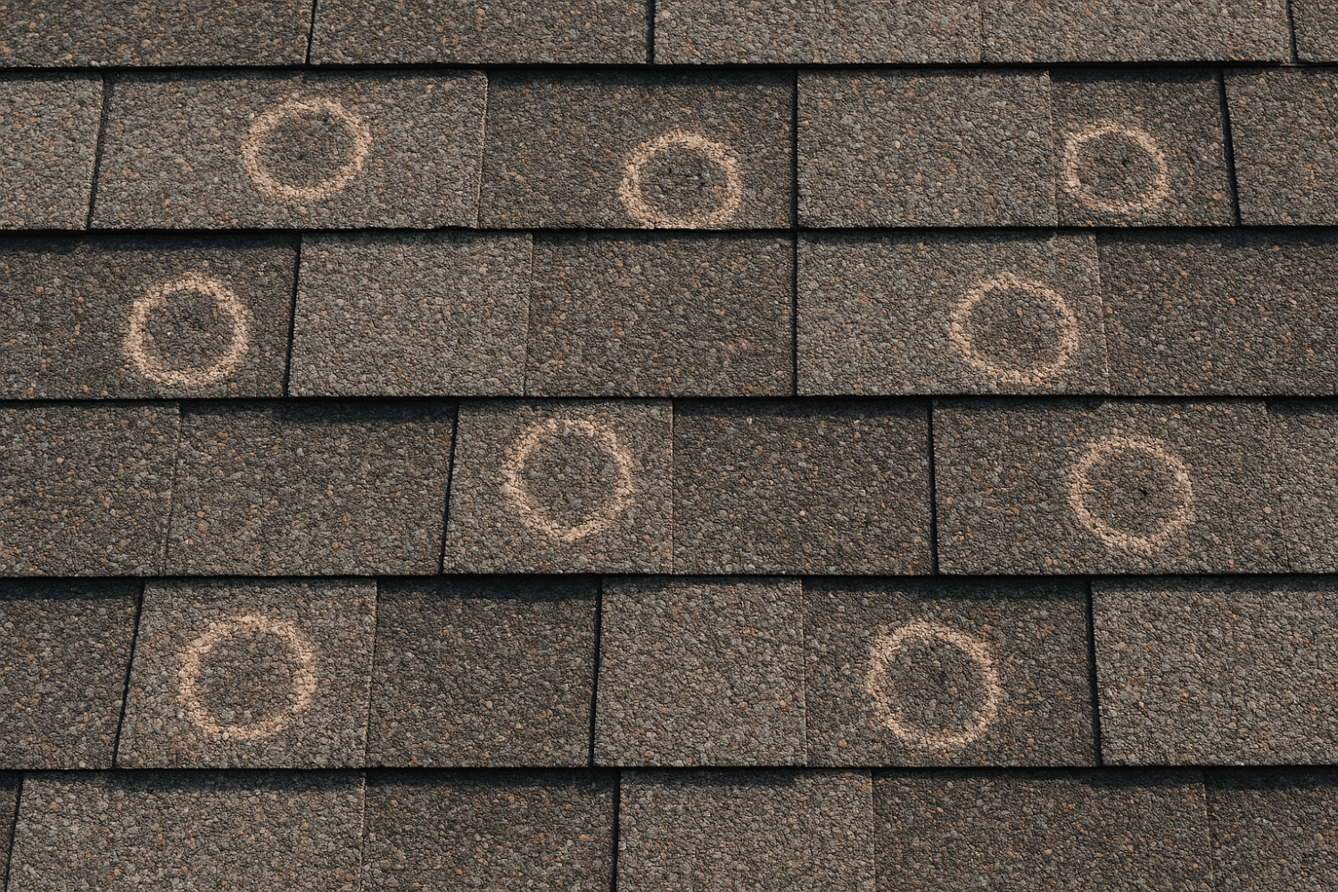 Hail damage on asphalt roof shingles in Columbia MO after spring 2025 storm showing circular impact marks