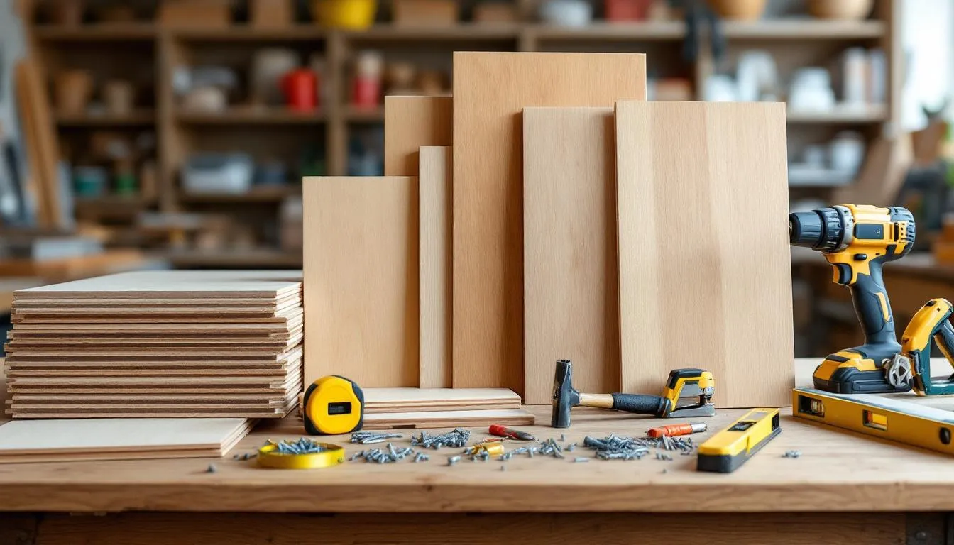L'image montre une variété d'outils et de matériaux nécessaires pour l'installation de lambris en bois, incluant des planches de pin blanc et des lattes prêtes à être posées sur les murs et plafonds. On peut y voir également des clous et des patrons de mesure, essentiels pour un projet de revêtement intérieur de qualité.