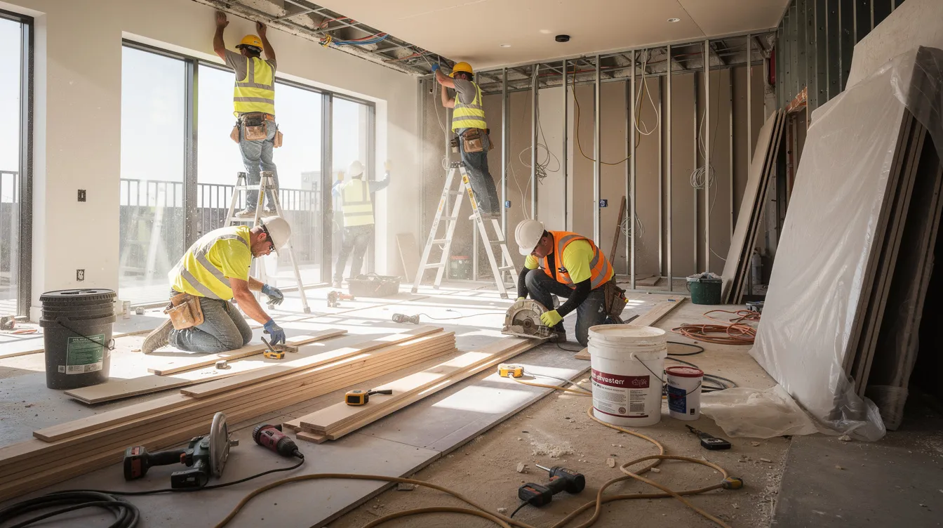 The image depicts construction workers actively renovating the interior of a residential property, surrounded by various tools and materials. This scene highlights the efforts of homeowners looking to improve their living space, potentially utilizing options like a home equity loan or a heloc payment calculator to finance their home improvements.