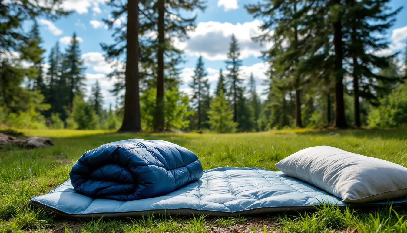 The image shows a well-arranged sleep system setup in an outdoor setting, featuring a colorful sleeping bag, an insulated sleeping pad, and a camping pillow, perfect for ensuring a good night's rest during a camping trip. This setup highlights essential camping gear for beginner campers looking to enjoy their first camping trip comfortably.