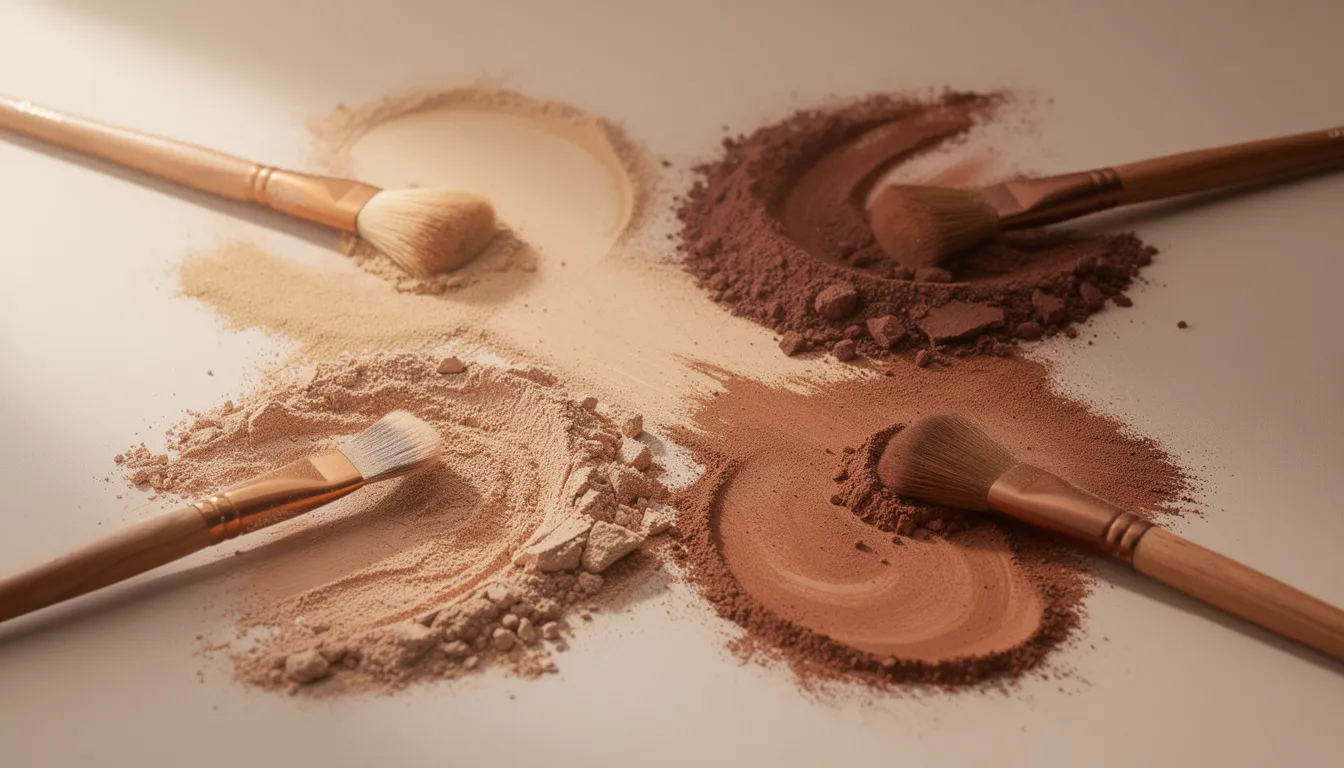 The image features mineral foundation powder in various earth tones, neatly arranged alongside natural brushes, emphasizing the use of organic ingredients for a clean beauty routine. This setup highlights the appeal of non-toxic makeup brands that prioritize natural products free from harmful chemicals.