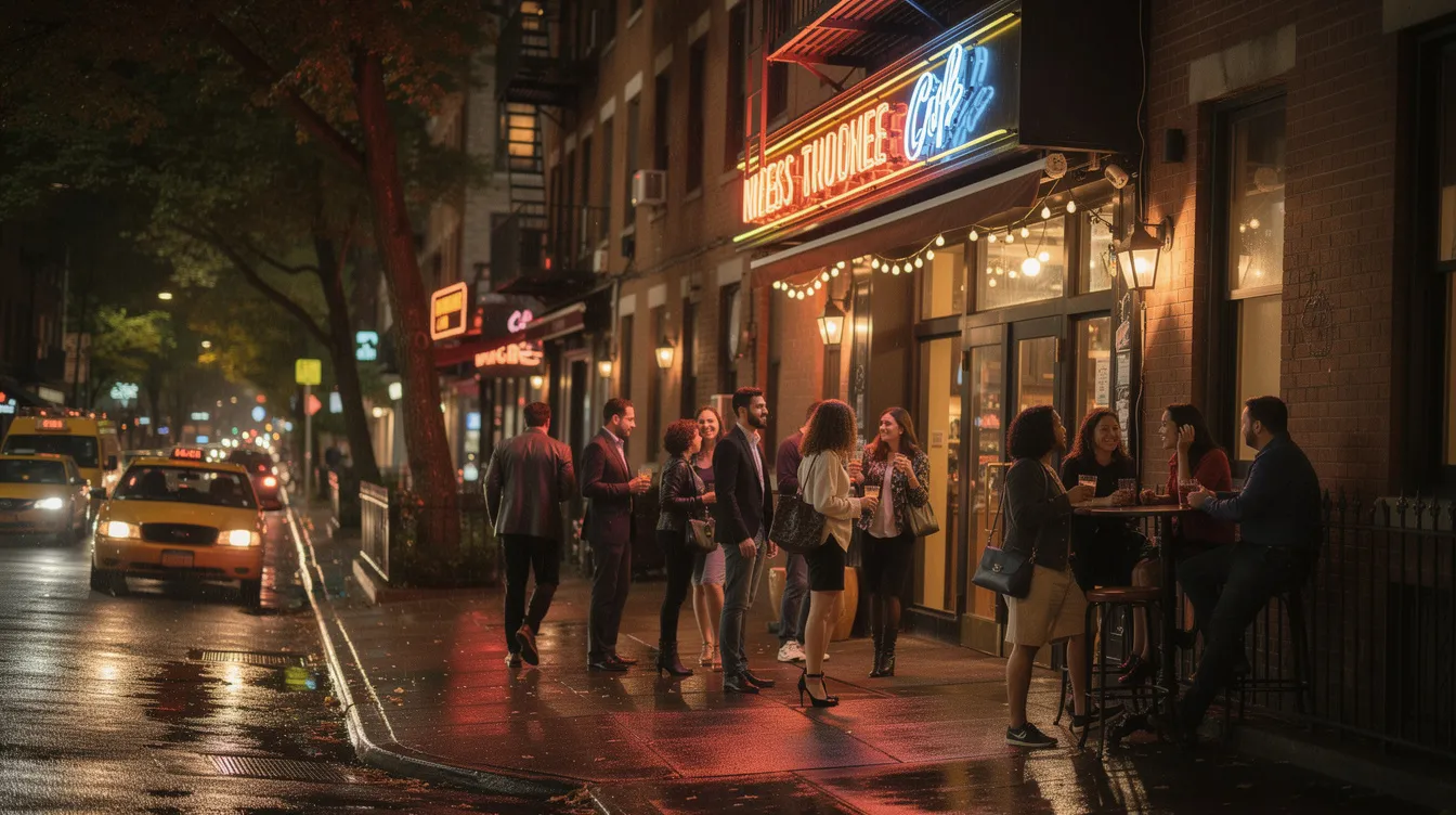 A lively scene on a West Village street at night, where groups of friends are standing outside a cozy cocktail bar, mingling and enjoying conversation. The atmosphere is vibrant with laughter and the warm glow of lights reflecting off the white brick walls, creating a perfect backdrop for a night of fun in this iconic NYC neighborhood.