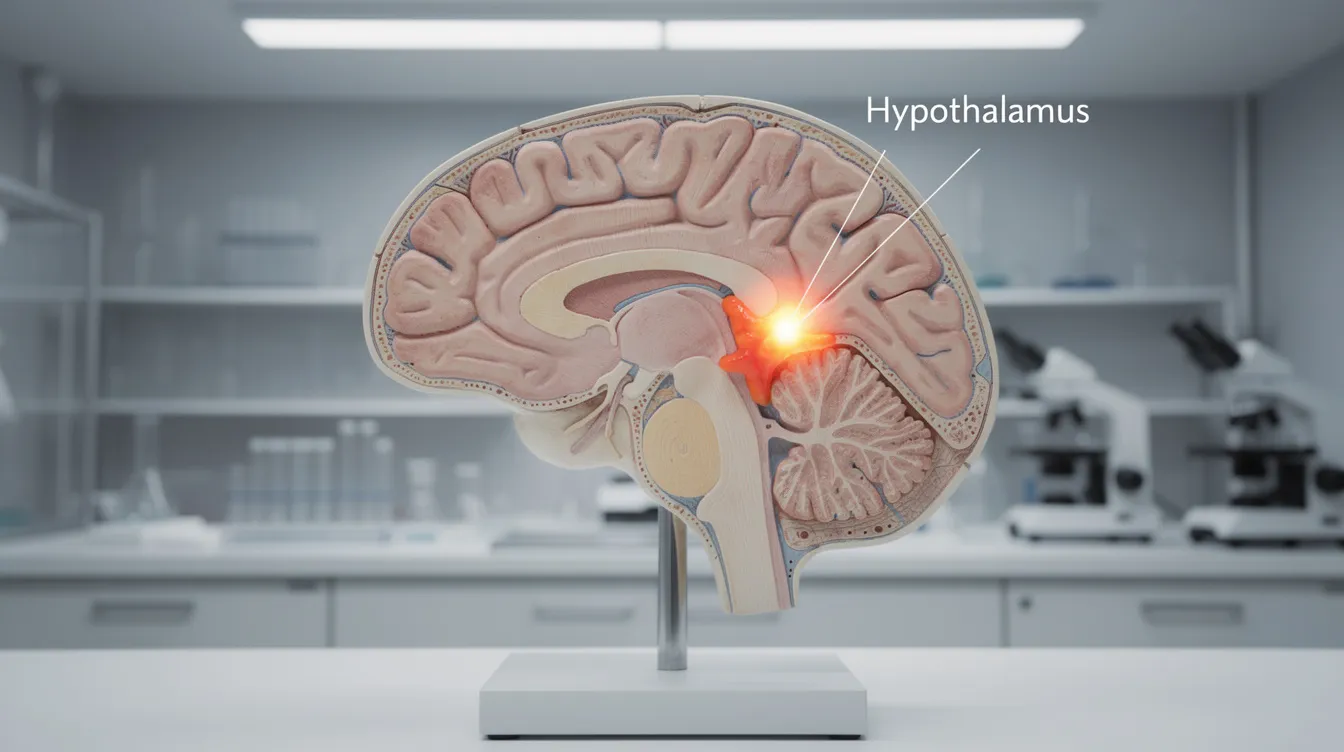 The image depicts a detailed brain cross-section model in a neuroscience lab, with a focus on the hypothalamus region, which plays a critical role in sleep regulation. This model is essential for understanding treatment strategies for conditions like narcolepsy and idiopathic hypersomnia, highlighting the significance of orexin receptor 2 in improving sleep latency.