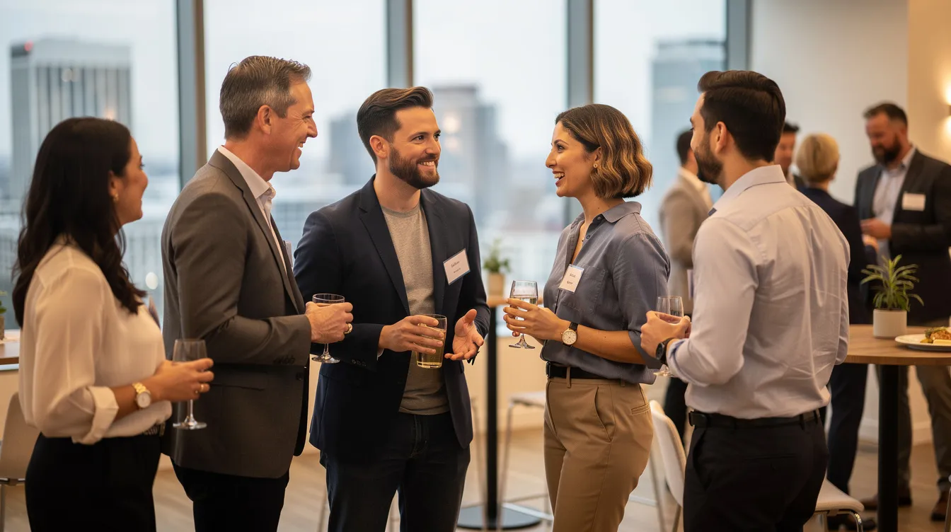 A diverse group of people in professional casual attire are mingling at a social event, engaged in lively conversations that hint at deeper emotional connections. The atmosphere fosters an environment for self-awareness and emotional expression, as attendees navigate topics related to emotional availability and the complexities of past relationships.