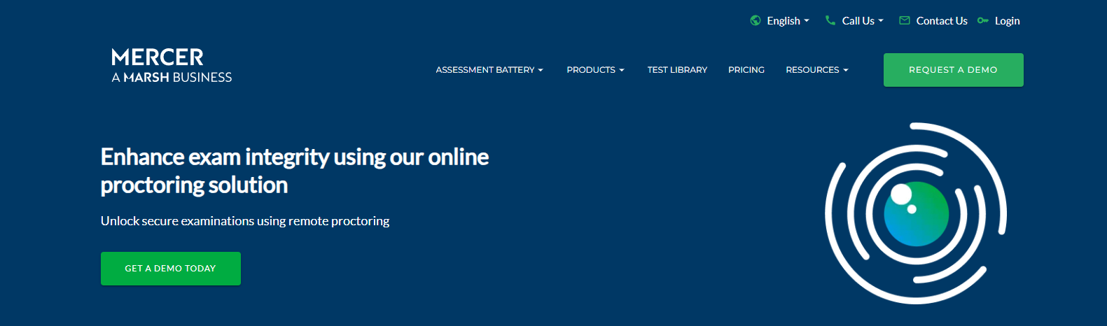 Mercer Mettl homepage promoting secure online proctoring software for remote exams, featuring AI-powered exam monitoring, identity verification, and academic integrity solutions.