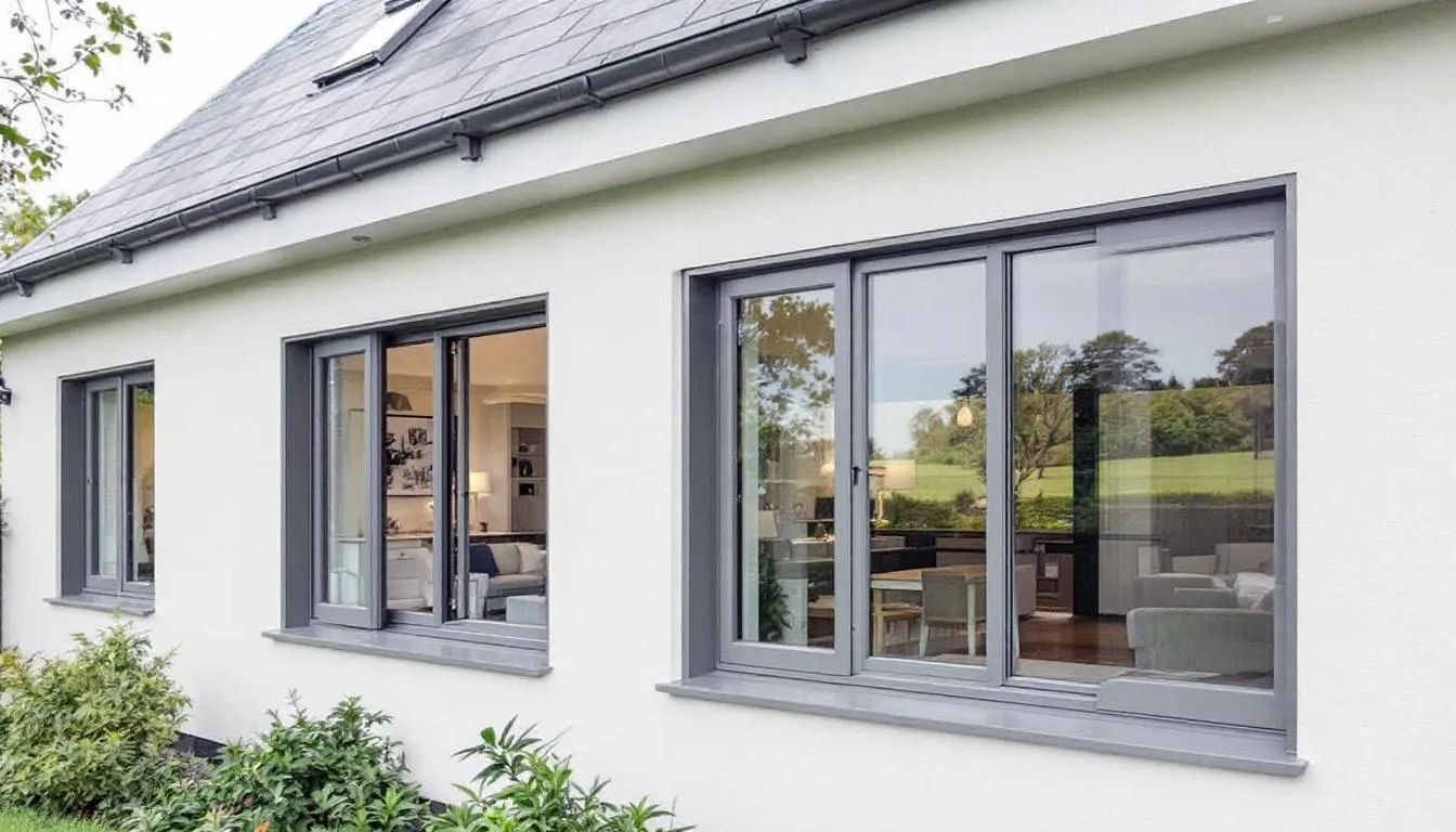Een modern huis met K-VISION Classic kozijnen in een stijlvolle grijze afwerking, die een strakke en hedendaagse uitstraling geven. Deze kunststof kozijnen zijn niet alleen onderhoudsarm, maar bieden ook uitstekende isolatiewaarden en zijn een populaire keuze voor vele bouwprojecten.
