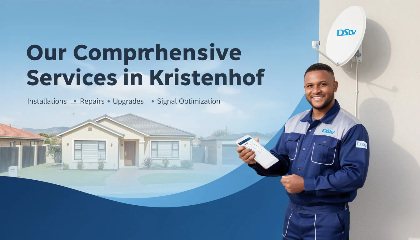 The image showcases a professional technician performing a DStv installation in Kristenhof, featuring a satellite dish being mounted on a residential property. This scene highlights the skilled services offered for both new installations and repairs, ensuring a seamless home entertainment experience for clients.