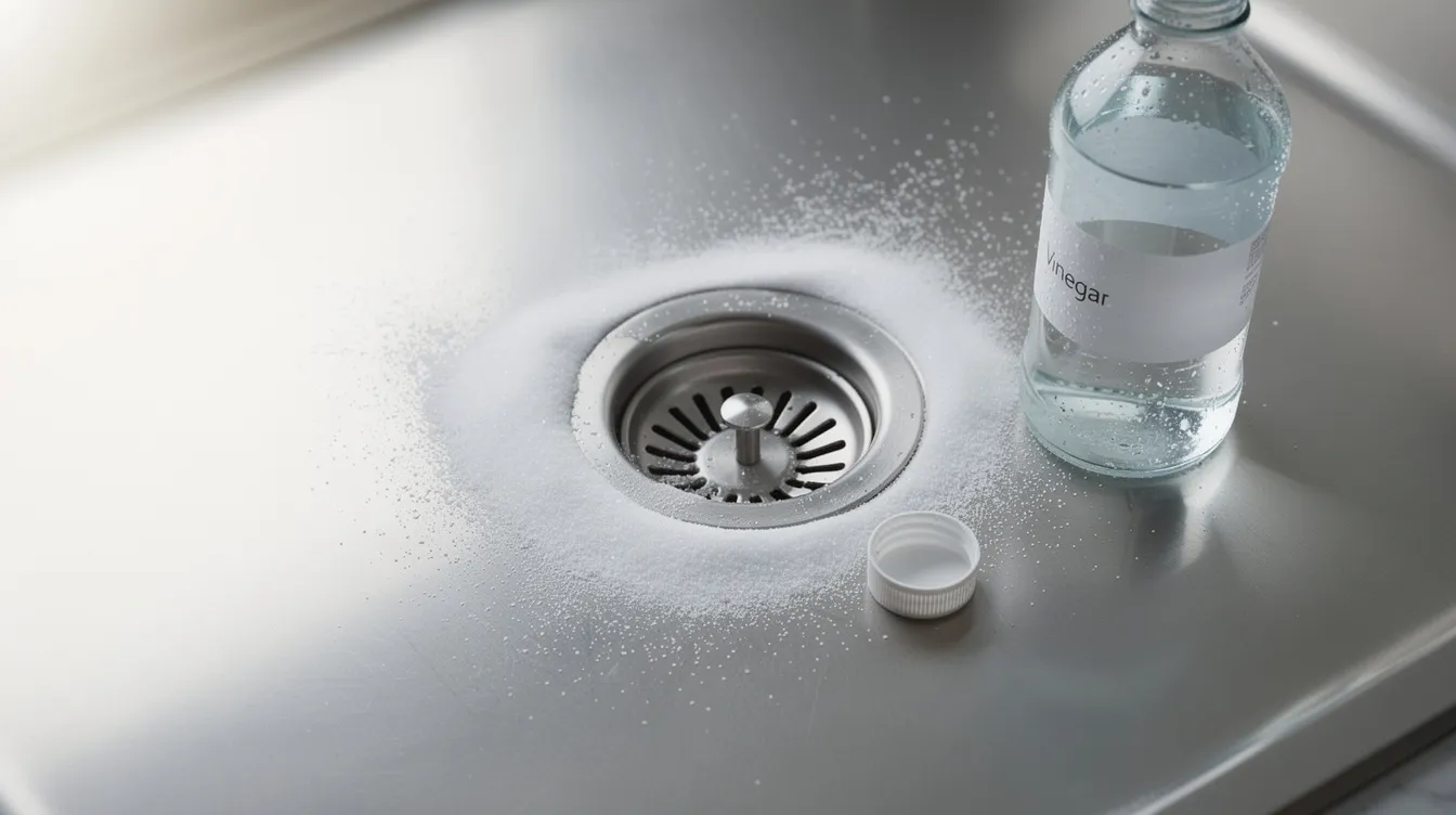 Die Nahaufnahme zeigt eine Küchenspüle mit Natron-Pulver rund um den Abfluss und einer Flasche Essig daneben, die als Hausmittel zur Abflussreinigung bei verstopften Abflüssen verwendet werden kann. Diese Kombination ist eine beliebte Methode, um Ablagerungen und Gerüche im Abflussrohr zu beseitigen.